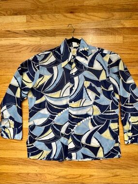 Vintage 70s Pan Am Geometric Button-Up Shirt Retro Disco Mod